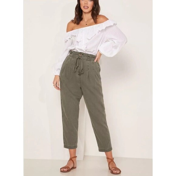 Free People Pants - NWOT Free People Margate Pleated Pants Size M Paperbag Super High Rise Green